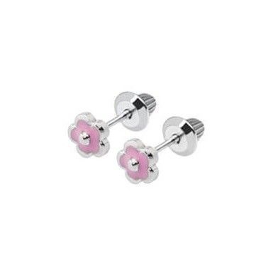Cantik trendy bunga merah muda enamel sekrup kembali anting-anting 925 Sterling Desain perak