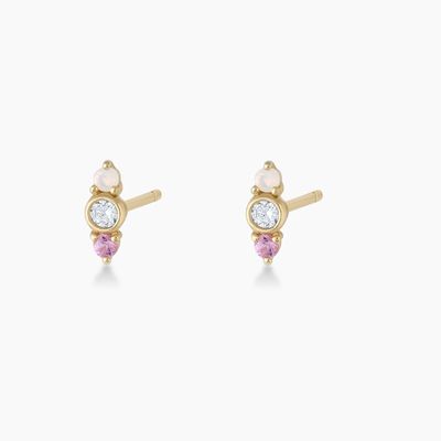 White Opal Dan Pink Sapphire CZ Stud Earrings Tiga Batu Kubik Zirconia Studs