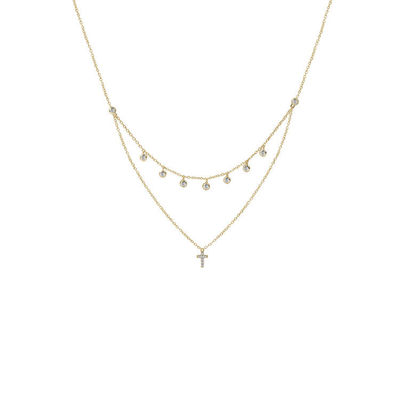 Dua Lapisan Bezel Set Diamond Cross Pendant Rhodium Gold Plated Chain Necklace