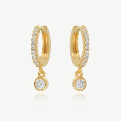18K Plating Emas S925 Perak Mini Huggies Single Bezel Batu Hoops anting-anting untuk Wanita