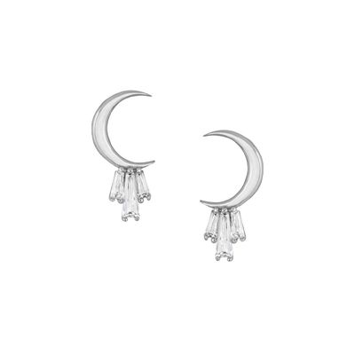 18K Gold Plated 925 Sterling Silver Baguette Moon Stud Earrings untuk Wanita AAA CZ Batu