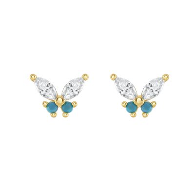 18K Gold Marquis Cut Turquoise CZ 925 Sterling Silver Butterfly Stud Earrings untuk Wanita