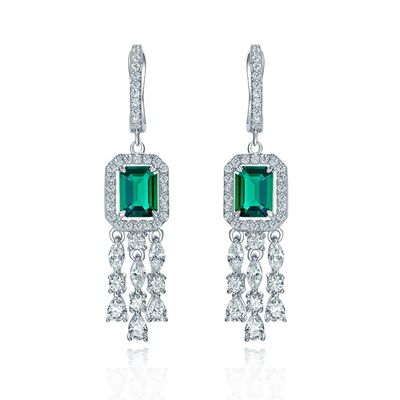 Perunggu Sterling Asli 925 Baguette Hijau CZ Earrings Diamond Long Hoop untuk Unisex Wear