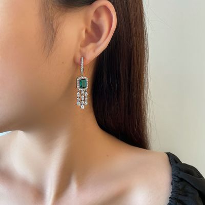 Perunggu Sterling Asli 925 Baguette Hijau CZ Earrings Diamond Long Hoop untuk Unisex Wear