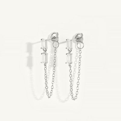 Jual Baguette Kubik Zircon Threader Stud Earring Perhiasan 925 Sterling Perak untuk Wanita