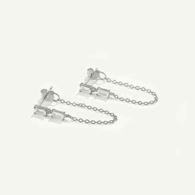 Jual Baguette Kubik Zircon Threader Stud Earring Perhiasan 925 Sterling Perak untuk Wanita