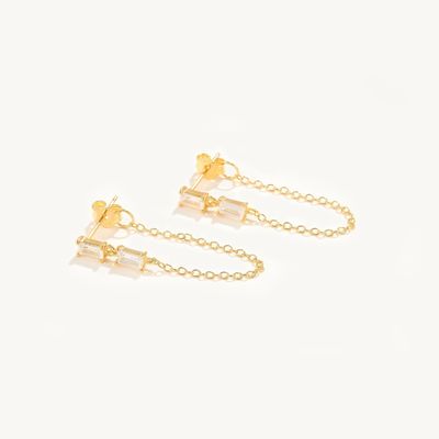 Jual Baguette Kubik Zircon Threader Stud Earring Perhiasan 925 Sterling Perak untuk Wanita