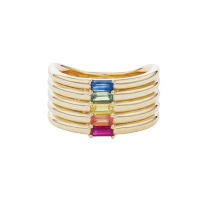 18K Gold Plated Rainbow Baguette Cut CZ Multi Fashion 925 Sterling Perak Wanita Cincin