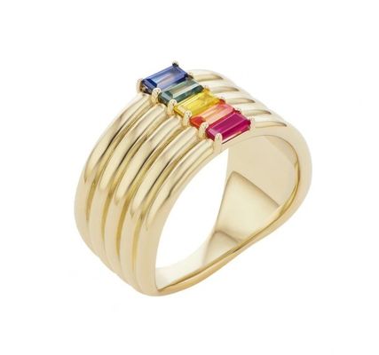 18K Gold Plated Rainbow Baguette Cut CZ Multi Fashion 925 Sterling Perak Wanita Cincin