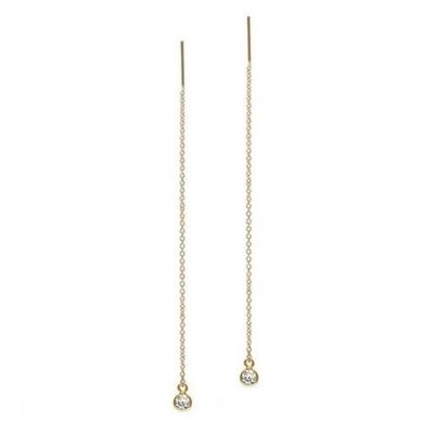 925 Sterling Perak Hanya 18K Gold Plated Wanita Bezel Drop Chain Threader Earring