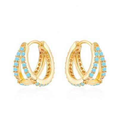 Rhodium Plating Double Turquoise 925 Sterling Silver Cubic Zirconia Earring untuk Wanita