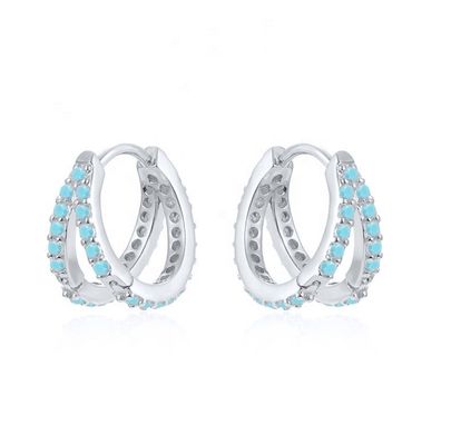 Rhodium Plating Double Turquoise 925 Sterling Silver Cubic Zirconia Earring untuk Wanita