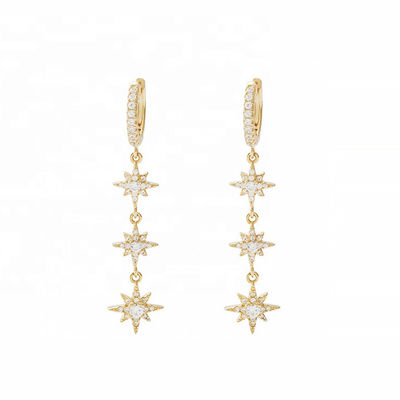 Perhiasan emas 925 Perak Brazil Starburst Earrings Dangle Hoop panjang untuk wanita