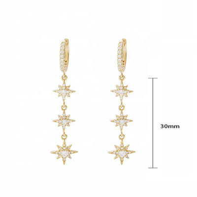 Perhiasan emas 925 Perak Brazil Starburst Earrings Dangle Hoop panjang untuk wanita