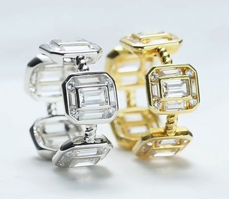 Emerald Putih CZ Wanita Eternity Band Baguette 18K Emas 925 Sterling Perak Cincin