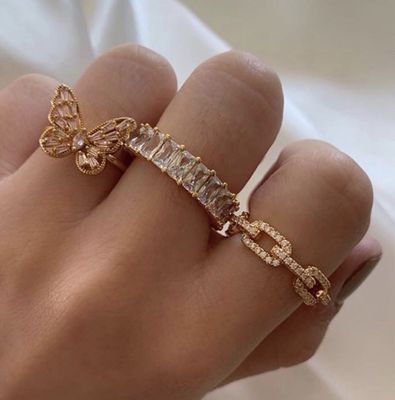 925 Sterling Silver Curb Link Chain Ring 18K Wanita Kubic Zirconia Cincin
