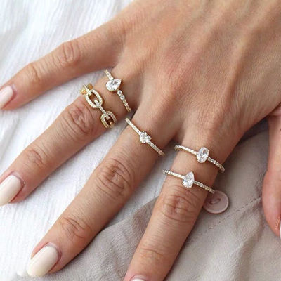 925 Sterling Silver Curb Link Chain Ring 18K Wanita Kubic Zirconia Cincin