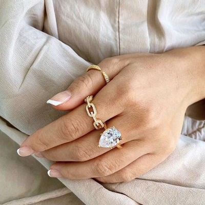 925 Sterling Silver Curb Link Chain Ring 18K Wanita Kubic Zirconia Cincin