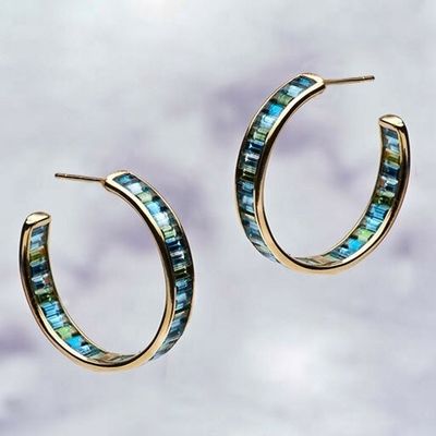 Perhiasan Bahan Utama Perak Baguette Biru dan Hijau Topaz Stud Hoops untuk Gaya Klasik