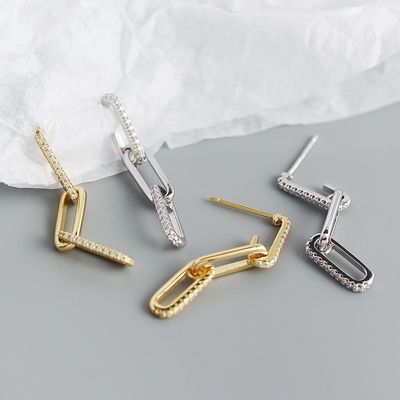 Earrings Retro Paperclip Rantai persegi panjang dalam perak 925 Sterling untuk malam wanita
