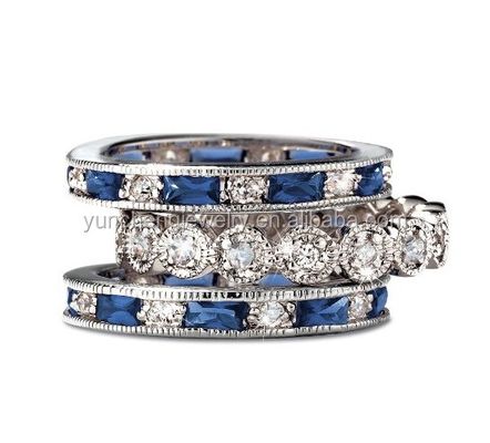 925 Sterling Perak CZ Simulasi Sapphire Ring Set Stackable dengan Ukuran Disesuaikan