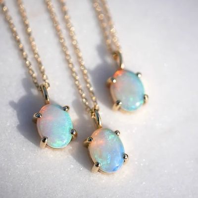 Handmade 18K Gold Plated Pendant Prong Setting Opal Stone 925 Perak Kalung