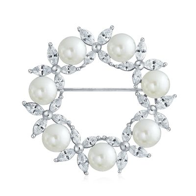 Emas Plated Daun Lingkaran Putih Pearl Brooch 925 Perak Mewah Brooch Untuk Wanita