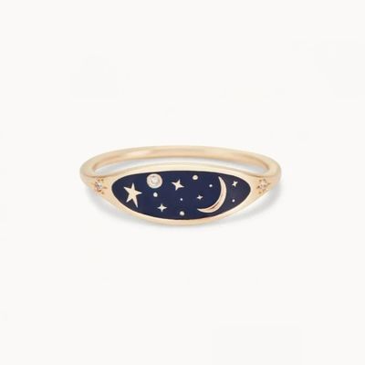 Handmade 18K Gold Plated Midnight Blue Enamel 925 Sterling Silver Round Brilliant CZ Stacking Ring untuk Gadis