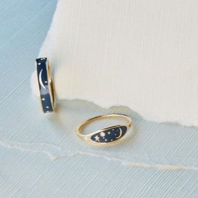 Handmade 18K Gold Plated Midnight Blue Enamel 925 Sterling Silver Round Brilliant CZ Stacking Ring untuk Gadis