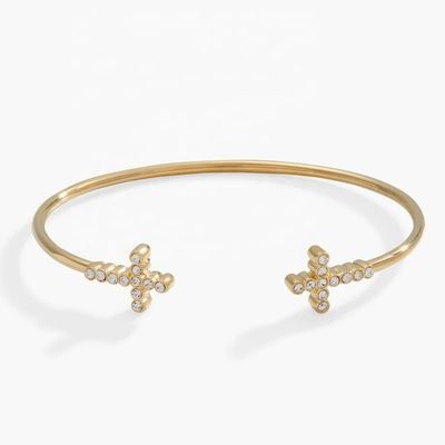 925 14K Gold Cross Bangle Bracelet Dengan Pave Crystal Zircon Untuk Wanita