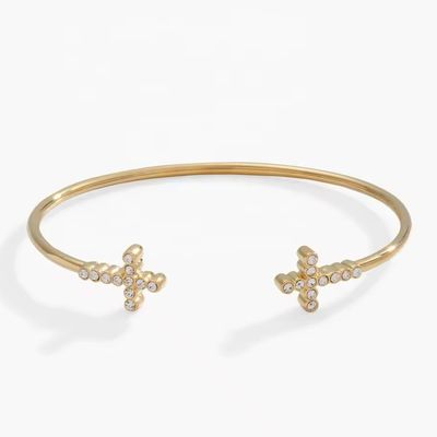 Pave Inlaid Crystal Zircon 925 Sterling Silver Bangle Cross Cuff 18K Gold Bangle