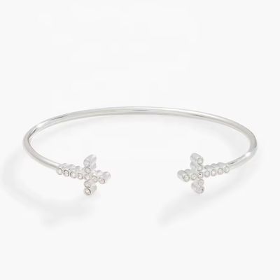 Pave Inlaid Crystal Zircon 925 Sterling Silver Bangle Cross Cuff 18K Gold Bangle