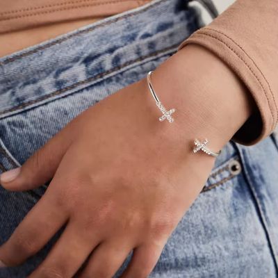 Pave Inlaid Crystal Zircon 925 Sterling Silver Bangle Cross Cuff 18K Gold Bangle