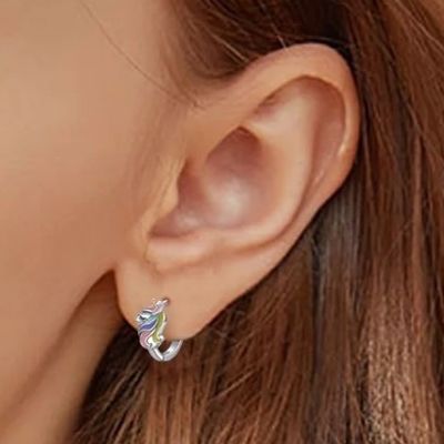 Rhodium Plated Unicorn Warna Enamel Huggies Earrings Untuk Remaja Fashion Perhiasan