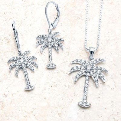925 Sterling Perak Wanita Drop Earrings Dengan Desain Pohon Sawit Dan Zircon Putih CZ Berlian