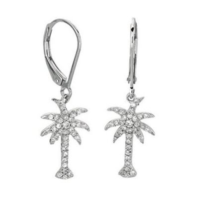 925 Sterling Perak Wanita Drop Earrings Dengan Desain Pohon Sawit Dan Zircon Putih CZ Berlian