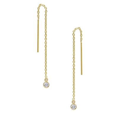 925 Sterling Perak Hanya 18K Gold Plated Wanita Bezel Drop Chain Threader Earring