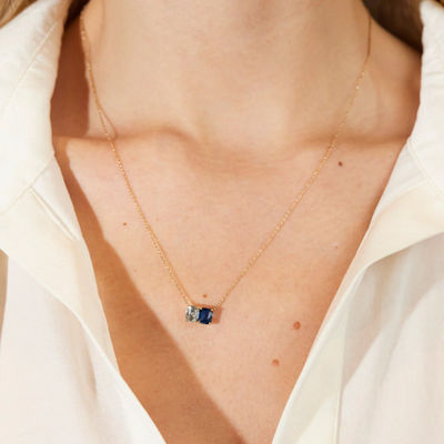 Hot Sale 925 Silver Cushion Cut Sapphire dan persegi panjang Cut Putih Zircon Warna Blok Zirconia Double Stone Pendant Necklaces