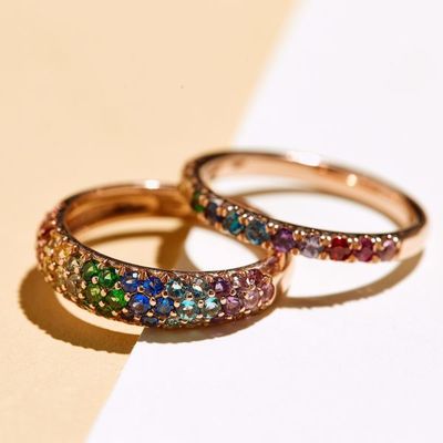 Cincin Cluster Perak Sterling 925 Berlapis Emas 18K dengan Zirkon Pelangi