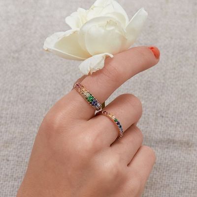 Cincin Cluster Perak Sterling 925 Berlapis Emas 18K dengan Zirkon Pelangi
