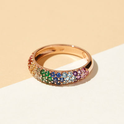 Cincin Cluster Perak Sterling 925 Berlapis Emas 18K dengan Zirkon Pelangi