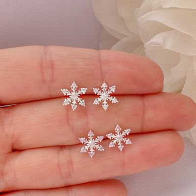Anting-anting Stud Kepingan Salju CZ Berlapis Rhodium Perak Sterling 925 2g