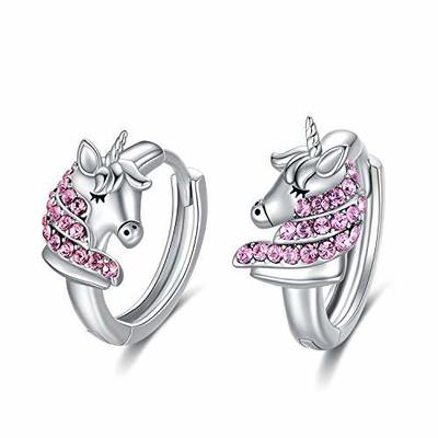 Anting-anting Huggie Unicorn Perak Murni 925 16mm CZ Merah Muda untuk Anak-anak