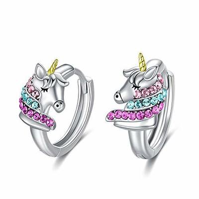 Anting-anting Huggie Unicorn Perak Murni 925 16mm CZ Merah Muda untuk Anak-anak