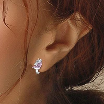 Anting-anting Huggie Unicorn Perak Murni 925 16mm CZ Merah Muda untuk Anak-anak