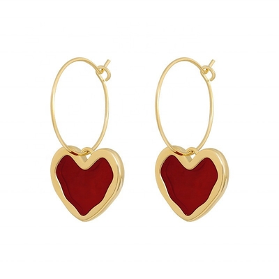 18K Gold Red Enamel Heart Shaped Dangle Hoop Earrings