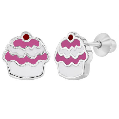 Anting-anting Anak Perempuan Sekrup Belakang Perak Sterling 925 Enamel Merah Muda Cupcake Perhiasan