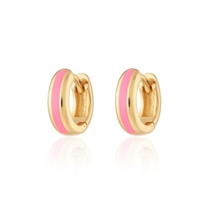 925 Logo Disesuaikan 18K Gold Plated Pink Enamel Huggie Earrings Untuk Wanita